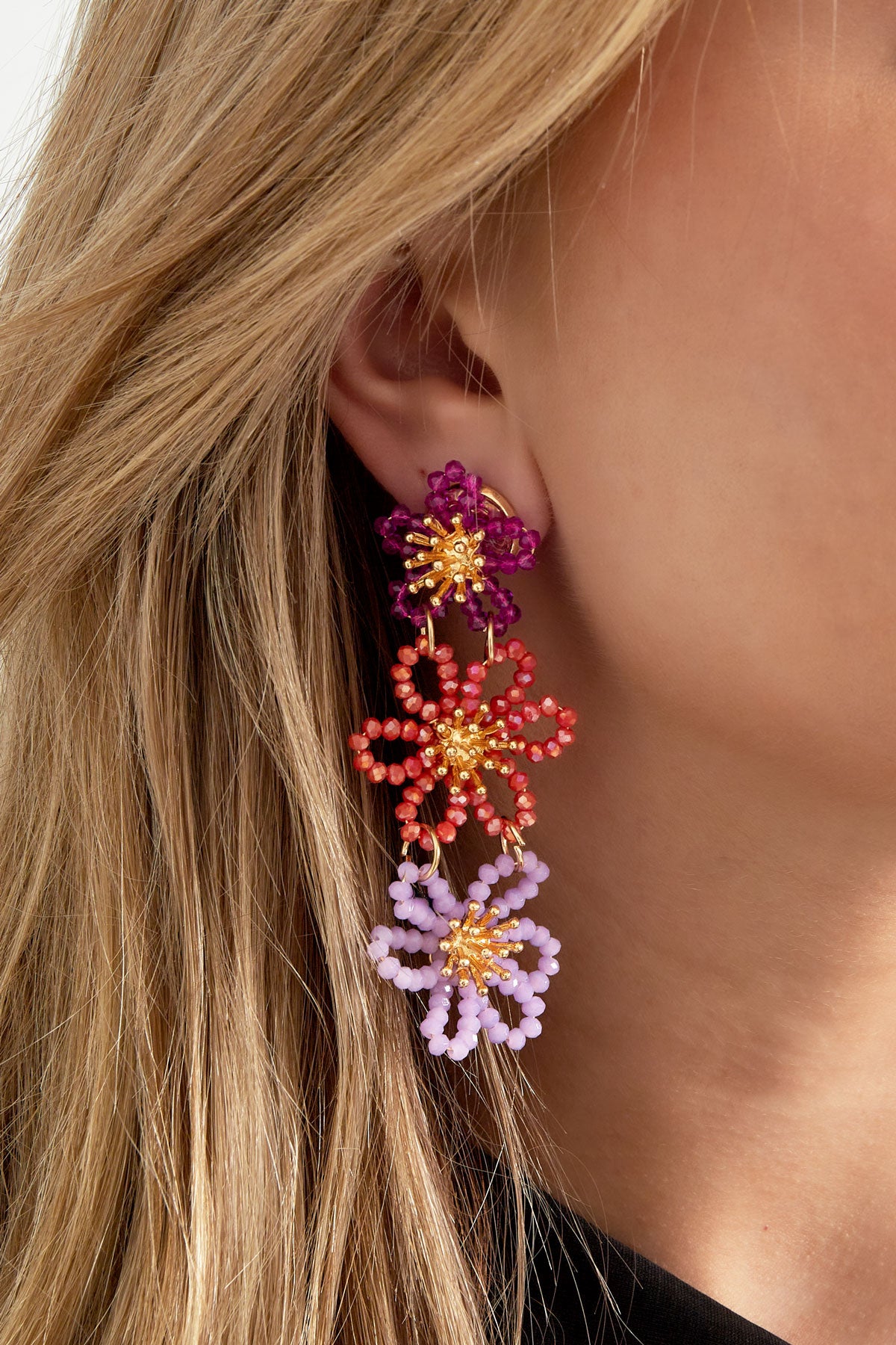 Pendientes llamativos de fiesta de flores - naranja/púrpura